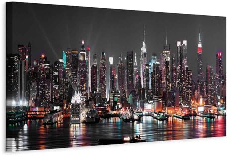 B&D XXL - Leinwandbild Skyline NY Stadt, 90x30 cm, 1-teilig, Schlafzimmer | Hochwertige Leinwand, sofort aufhängbar, ideal fürs Wohn- oder Schlafzimmer, wasserfest und lichtecht, langlebig, stilvoll