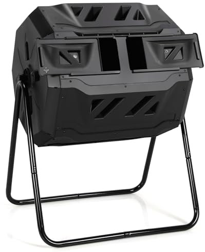 Goplus Compost Bin, 43 Gallon Rotating Composter, Outdoor Dual Chamber Tumbling Compost Barrel with Sliding Door, Gloves, Compost Tumbler for Outdoor, Garden, Yard (Black)