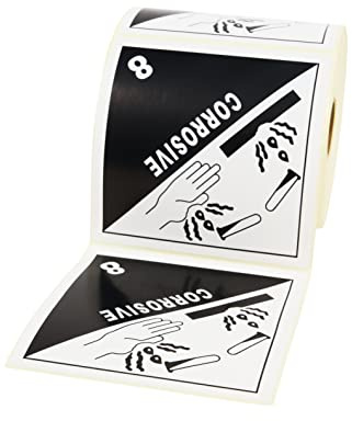 Prolac Adesivi in bianco/nero, 100 x 100 mm, classe 8, tessuti corrosivi, 500 etichette autoadesive su rotolo, etichette per spedizioni come etichettatura di merci pericolose, etichette adesive