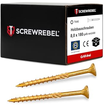 Holzbauschraube 8x180 mm - 50 Stück, gelb verzinkt, TX 40, Cut-Spitze, Reibteil, ETA | SCREW REBEL