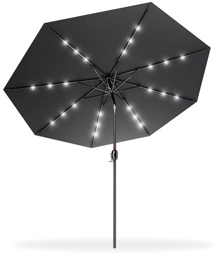 Aufun 300 cm parasoll med LED, trädgårdsparaply med vev, marknadsparaply, UV-skydd 40+, trädgårdsparaply, runt robust paraply för trädgård, balkong, terrass (mörkgrå)