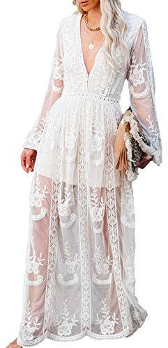 amropi Mujer Encaje Vestido de Fiesta Largo Vestidos Cuello en V Manga Corta Verano Ropa Blanco-0,L
