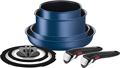 Tefal L77998 Tifal Handle Removable Pot Frying Pan Set, 8-Piece Set, Compatible with IH Gas Fire, Ingenio Neo IH Blue Marquise Unlimited Non-Stick Blue