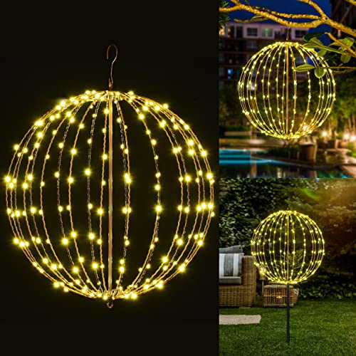 Christmas Tree Ball Light, 20IN Foldable Metal Frame LED Sphere for Outdoor Garden, 200LED Hanging & Pathway Light with Hook & stake, UL Listed, Brown Frame, Warm White