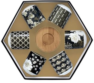 Easy Life - Coffret 6 Tasses A Cafe en Porcelaine sous Tasses en Bois Art Deco Flowers - EASYLIFE