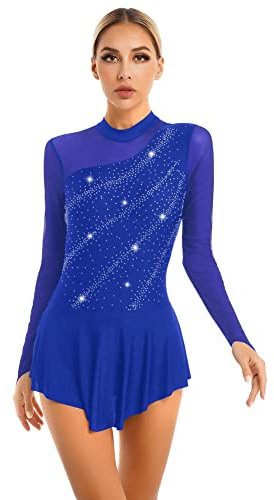 CHICTRY Eiskunstlauf Kleid Damen Wettkampf Langarm Strass Glitzer Rollschuhkleid Stehkragen Ballettkleid Mit Asymetrisch Wickelrock Dancewear