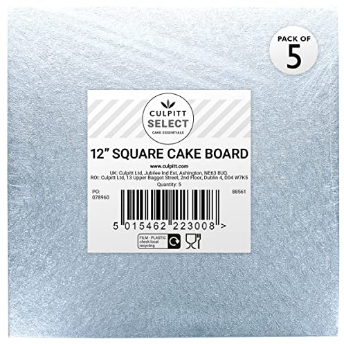 Culpitt Select 12 (30.5cm) Square Cake Boards - 5 Pack | 12mm Thick, Silver Foil Finish, Fits 10 Sponge Or 9 Fruit Cake, Lightweight Yet Strong
