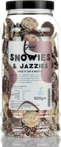 Just Treats Snowies & Jazzies Retro Sweets Gift Jar – Milk & White Chocolate Discs with Colourful Sprinkles, Vegetarian, The Classic Sweet-Shop Mix – Nostalgic Sweet Gift, Made in the UK