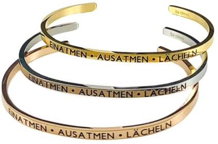 Eleganter Armreif Armband gold mit Mantra und Spruch bis ca. 16 cm. Einatmen-Ausatmen-Lächeln
