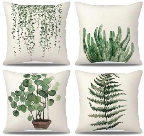 BIHEE Kissenbezug 45x45 cm Leinen Kissenbezüge 4er Set Grünes Blatt Dekorativ Kissenbezug Kissenhülle für Sofa Schlafzimmer Garten Outdoor