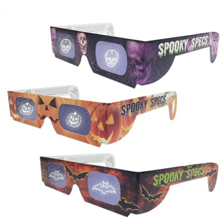 3 Halloween Glasses - Bat, Pumpkin & Skull Hologram Lenses in Paper Frames - Holiday Eyes - Holographic 3D Glasses