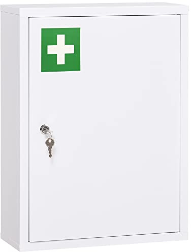 kleankin 16 x 21 Wall Medicine Cabinet with Lock, 3 Tier Steel Locking Wall Cabinet for Bathroom, Kitchen with 2 Keys, White