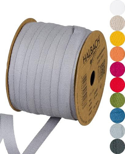 Halbach Seidenbänder Baumwollband | 10mm x 30m | Webband 100% Baumwolle | Bänder zum Basteln als Meterware | Stoffband für Dekorationen, DIY Handwerk, Schrägband Näharbeiten, Farbe: grau