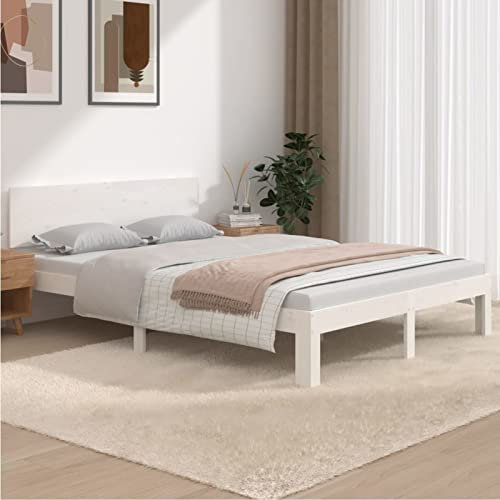 Massivholzbett, stabiles Bettgestell aus Kiefer-Massivholz 150x200 cm weiß mit komfortablem Kopfteil für Schlafzimmer