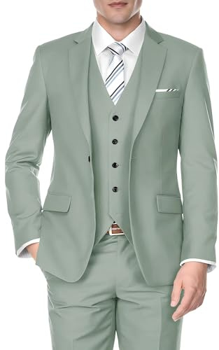 SPTALLFITJSV Herren-Anzug-Set, schmale Passform, 3-teilig, für Hochzeit, Business, Abschlussball, Party, EIN-Knopf-Blazer, Weste und Hose, Smoking-Set, Salbeigrün, L