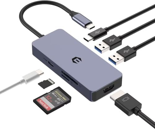 Tymyp Hub USB C, Adaptateur USB C, Adaptateur multiport à 7 Ports, Double Moniteur avec Port USB C vers HDMI 4K, Port USB 3.0 USB-A/C, 100 W PD, Lecteur de Carte SD/TF pour Tablette et Ordinateur