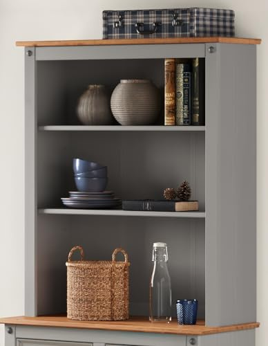 Corona Solid Wood Pine Buffet Welsh Dresser Top Small Grey Wax Painted Wooden Sideboard Topper With Shelves For The Kitchen Hallway Living Room Lounge 100cm High 87cm Wide 27cm Deep