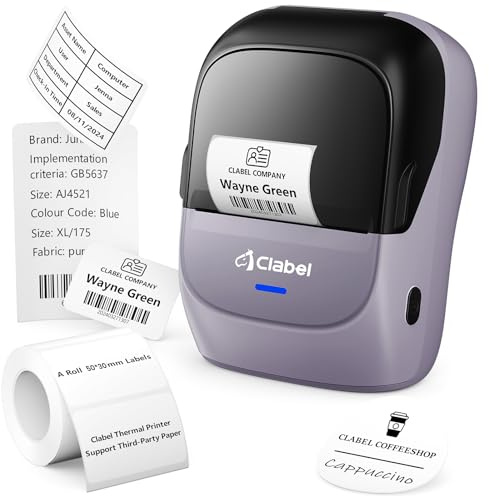 CLABEL 221B Etikettendrucker Bluetooth, 50mm Tragbares Etikettiergerät Lila | Thermo Selbstklebend für Barcode, Einzelhandel & Büro, Kompatibel mit 25-50mm Fremdetiketten, tintenlos, PC/Handy unterstützt