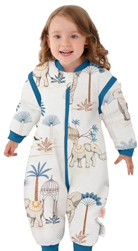 LAT Baby Schlafsack mit Füßen Abnehmbare Ärmel, 2.5 TOG 100% Baumwolle Baby Winter Schlafsack, 3-Wege-Reißverschluss Kinderschlafsack mit Füßen (Elefant, S)