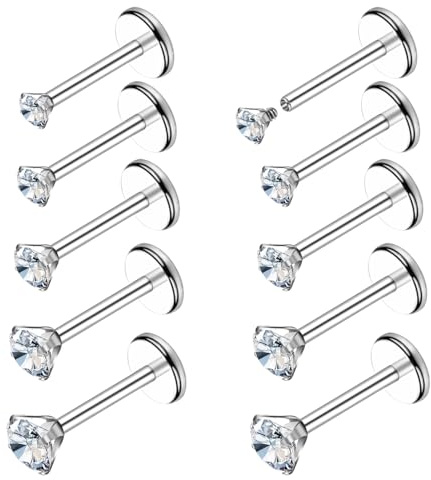 Telooco 10 Pcs 18G Flat Back Nose Stud Surgical Steel Earrings Studs Anti-allergic Silver Internally Threaded Labret Stud Tragus Piercing Jewellery