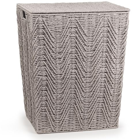 woodluv Laundry Basket with Lid, Woven Storage Basket, Laundry Hamper Bin Storage Organiser, Washing Basket for Dirty Clothes Bathroom, Large - Grey