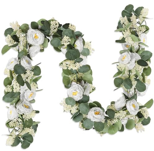 MAKHOT Künstliche Eukalyptus-Girlande mit Blumen, künstliche Rose, Schleierkraut, Rosengirlande, Dekoration, Blumengirlande, grüne Girlande für Hochzeit, Zuhause, Tischdekoration, Weiß, 3,5 m, 2 Stück