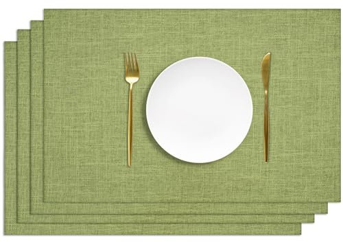 AUAUY Table Mats Set of 4, Faux Linen Washable Place Mats, Double-sided Available Non-Slip Heat Resistant Table Placemats for Kitchen Dinning Restaurant, Place Mats for Table, 30x45cm (Green)