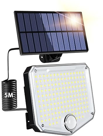 Caldarax Solarlampen für Außen mit Fernbedienung, 153 LEDs Solarleuchte Aussen mit Bewegungsmelder, IP65 Wasserdichte Solar Strahler Außen, 3 Modi Solar Wandleuchte für Garten mit 4.8m Kabel