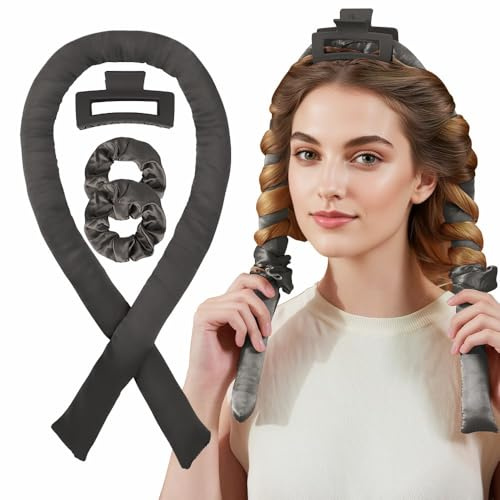 MODE BLEND Satin Heatless Curling Set – No Heat Curlers with Foam Rod & Claw Clip for Long Hair – Reusable Curling Headband for Women, No Damage (Charcoal, 2.54 x 86.36 x 3.18 cm)