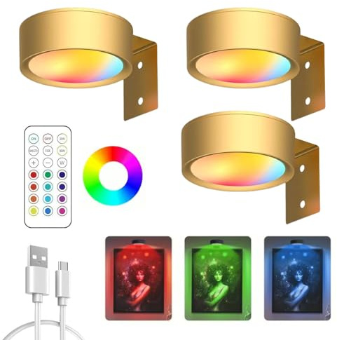 Magnetisches Mallicht Mit 13 Beleuchtungsmodi, Magnetische LED Bilderleuchte, Bilderleuchte Kabellos Mit Fernbedienung Und Timer, für Bilder Dartboard Fotorahmen Portrait (Gold-13-Farben, 3Pcs)