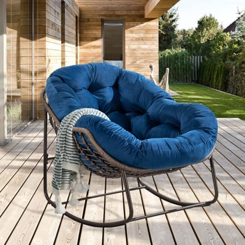LIFEISLE Schaukelstuhl Schaukelsessel mit Rattan, Loungesessel drinnen & draußen, Ei-Schaukelstuhl für Wohnzimmer Balkon Garten Outdoor und Indoor Samt Blau