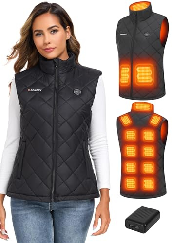 Gokozy Heizweste Damen mit 15 Heizzonen 12V 20000mAh Powerbank Beheizbare Weste mit 3 Einstellbar Temperatur,Wärmeweste Jacke Mit 5-in-1 intelligenter Schalter