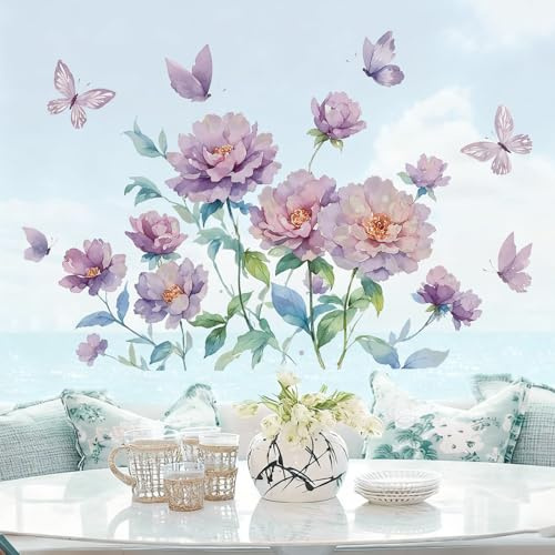 KAIRNE Lila Pfingstrosen Wandtattoo Schmetterlinge Aquarell Wohnzimmer Boho
