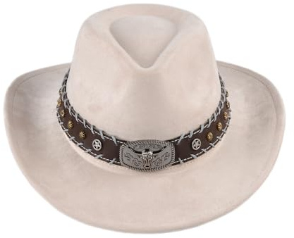 TOLASTO Chapeau de cowboy Western pour homme et femme - Élégant chapeau panama en daim - Réglable - Chapeau de cowgirl doux pour les activités de plein air avec large bord blanc