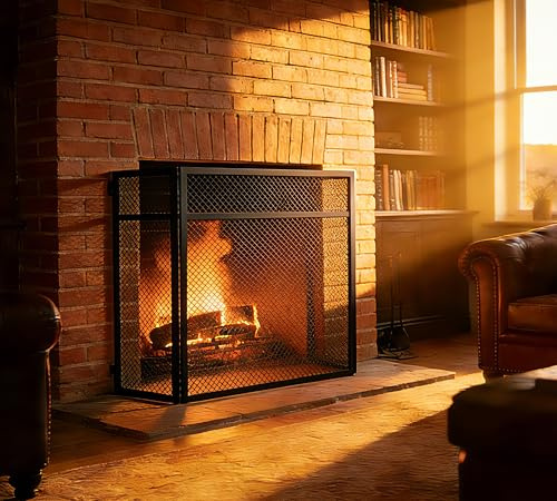 Kingson Paravento per caminetto a 3 pannelli con parte superiore piatta - Acciaio verniciato a polvere nero con cerniere a pianoforte a tutta lunghezza - Paravento antiscintille - Sicuro per bambini e