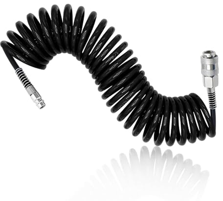 TIANLIN Spiralschlauch Druckluft, 6 m Langes Spirale Luftschlauch Kompressor, Schwarzer PU-Kompressorschlauch, Durchmesser 8 x 5 mm, mit Schnellkupplung, für Luftkompressoren und Aufblasgeräte