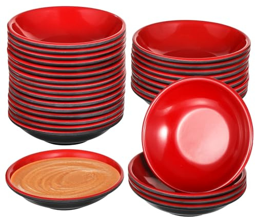 SWEWARM 25 Pcs Round Melamine Dipping Bowls Set with Red and Black Unbreakable Appetizer Plates, 3.5 in Condiment Bowls, Long-Lasting and Stylish Dining Solution for Parties, Easy to Clean and Serve