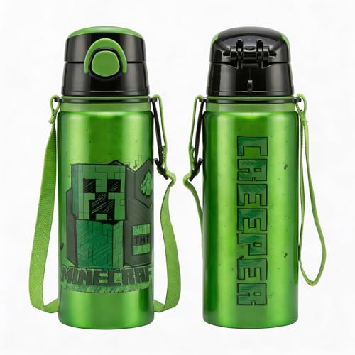 Minecraft AcidSketch Aluminium Water Bottle with Sling – 600ml | Lightweight, Leakproof, Eco-Friendly | Minecraft Gift for Kids & Gamers, Green