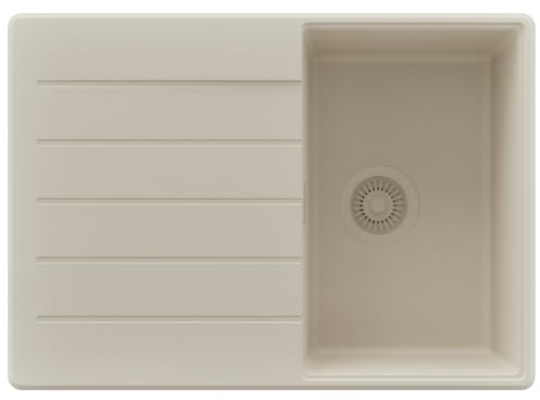 PRIMAGRAN Lavello da Cucina Beige 70x50cm, Lavandino in Granito a 1 vasca + Sifone Classico, Lavabo Incasso al mobile 40cm - Copenhagen