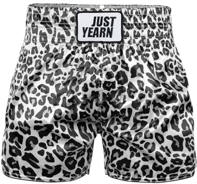 JUST YEARN Muay Thai Boxing Shorts, Traditional MMA Kickboxing Workout Trunks for Men and Women, High Mobility Training Gear (US, Alpha, Large, Regular, Leopard Print-Grey)
