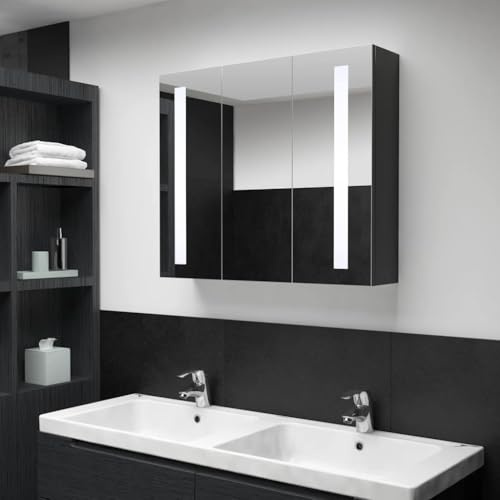 QZZCED Mueble de baño con Espejo LED 89x14x62 cm, Armario de tocador con iluminación Moderna y Almacenamiento Funcional, Acabado en melamina Resistente, Tres Puertas y Cinco