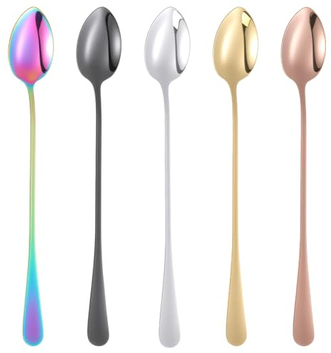 Guduling 5 Pcs Latte Spoons,5 Colors Long Tea Spoon,Sundae Spoon,Stainless Latte Spoons for Coffee for Coffee, Tea and Dessert Sundae(5 Color)