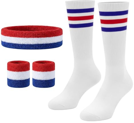 Lufdegim Schweissband und Socken Set, 80er 90er Jahre Schweißband Gestreiftes Stirnband, Armband, Gestreifte Hohe Socken für Damen Herren Sport Laufen Radfahren Karneval Kostüme Party