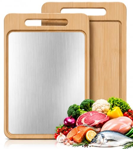 ABTOCH -Planche à Découper Double Face en Bambou et Acier Inoxydable 304, – Planche de Cuisine avec rainure a jus – Antibactérienne/pour Viande et Légumes