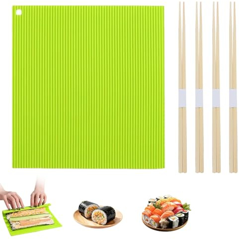 ZWWOGE 5 Stück Silikon Sushi Matte, Premium Sushi Roll Matte, Wiederverwendbar, mit 4 Paar Essstäbchen, für Party, Picknick und Reisen