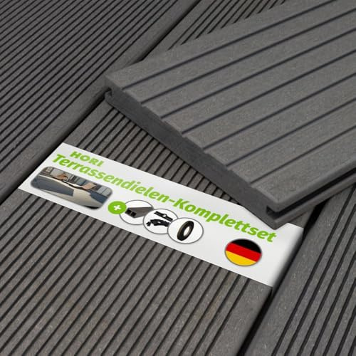 HORI WPC Terrassendielen Grau Massivdiele, Komplettset inkl. 40x60 mm Unterkonstruktion & Clips, Rutschfest & UV-beständig für langlebige WPC-Terrasse Fläche: 13 m² - 4,00 m Dielenlänge