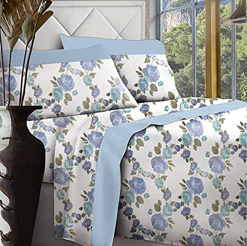 Jenny Sesal Set lenzuola letto - Stampato Ginevra Flowers - 100% puro cotone - Made in Italy Completo Matrimoniale - singolo - Una Piazza e Mezzo -Set Lenzuola + Federe (Azzurro, Una piazza e mezza)