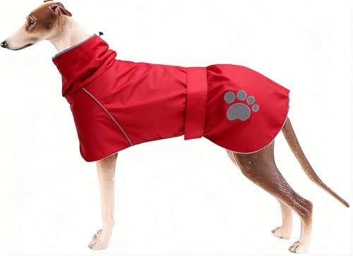 Geyecete Hundemantel Wasserdichter fur Windhund, Winter Hundejacken mit warmem plüschfutter,Regenmantel winddicht,Outdoor-Hundebekleidung mit verstellbaren Bändern,fur mittel und große Hunde-Rot-XXL