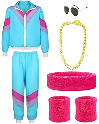 90er 80er Jahre Outfit Herren Damen 80er Jahre Trainingsanzug Jacke Hose Anzug 80er Accessoire 80er Jahre Kleidung Herren New Kids Kostüm80iger Schlagerparty Bad Taste Outfit Paare Karneval(XXL)