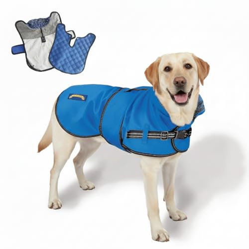 TAIL BLAZERS 2-in-1 Waterproof Dog Coat Raincoat (S/Blue) | All-season dog raincoat with detachable quilted liner, windproof breathable fabric, and rear harness hole zip closure.